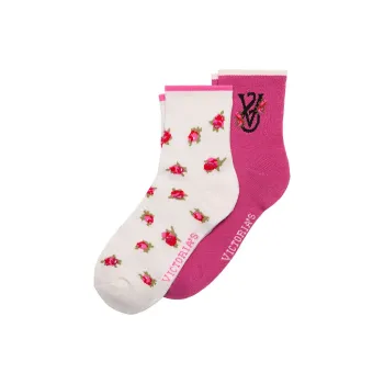 Victoria's Secret 2-Pack Quarter Socks / Rose Print And Luscious Rose Mid-Calf Socks Women's 2 Pack