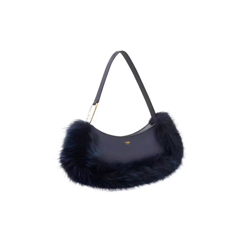 FENDI O'Lock Swing Fox Fur Calfskin Shoulder Bag, Handheld Shoulder Bag Women's Dark Blue-1