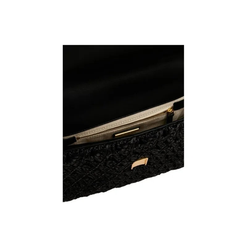 TORY BURCH Fleming Raffia With Leather Trim Handbag Shoulder Bag Women's Black-3