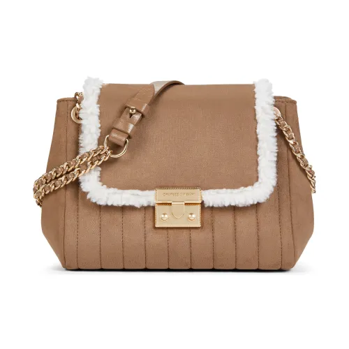 CHARLES&KEITH PU, Textile Mixture Shoulder Bag Medium Size Women's Tan Tea Brown