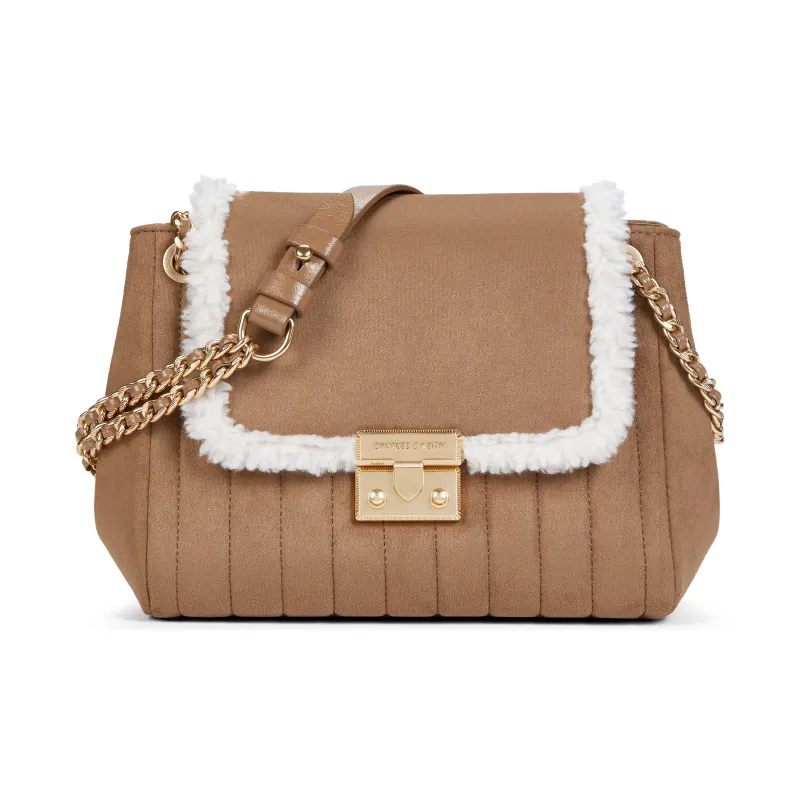 CHARLES&KEITH PU, Textile Mixture Shoulder Bag Medium Size Women's Tan Tea Brown-0