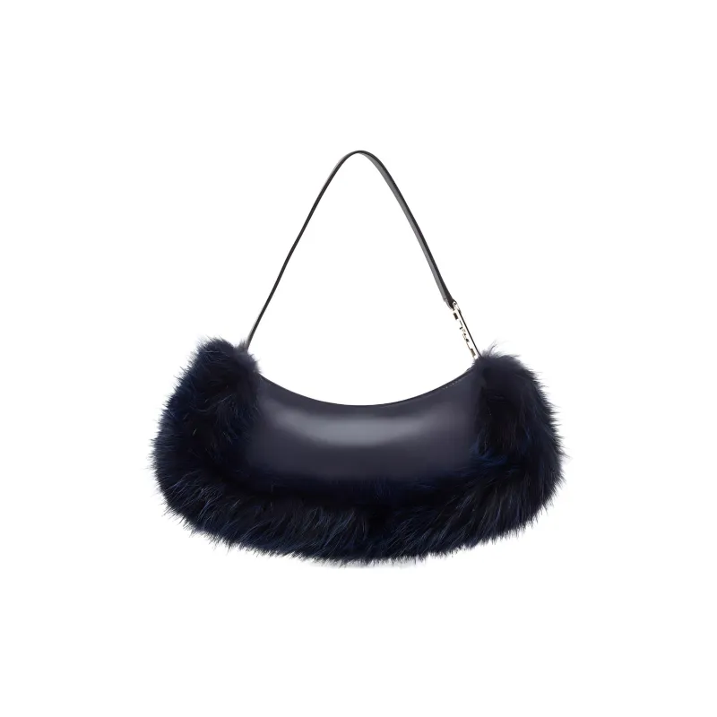 FENDI O'Lock Swing Fox Fur Calfskin Shoulder Bag, Handheld Shoulder Bag Women's Dark Blue-2