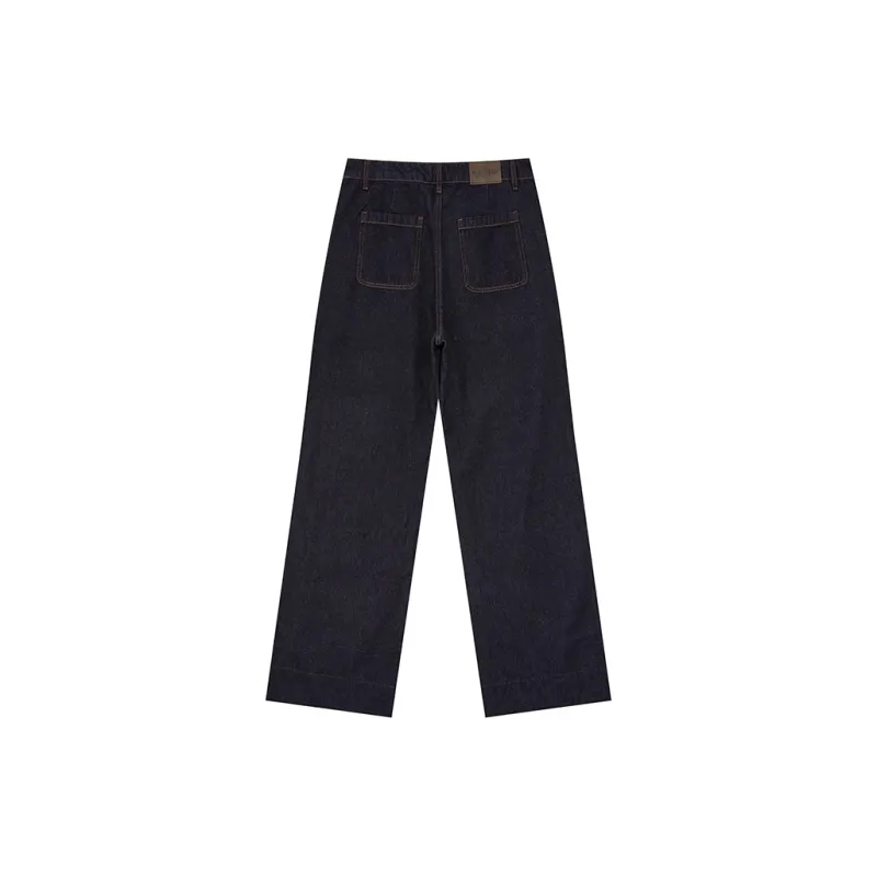 WULISHAONIAN Patchwork Rolled Cuff Jeans, Straight Fit Unisex Dark Blue-1