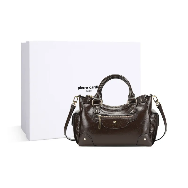 PIERRE CARDIN Oil Wax Cow Leather Shoulder Bag, Crossbody Bag, Handbag Medium Size Women's Black/Brown/Bitter Coffee-10