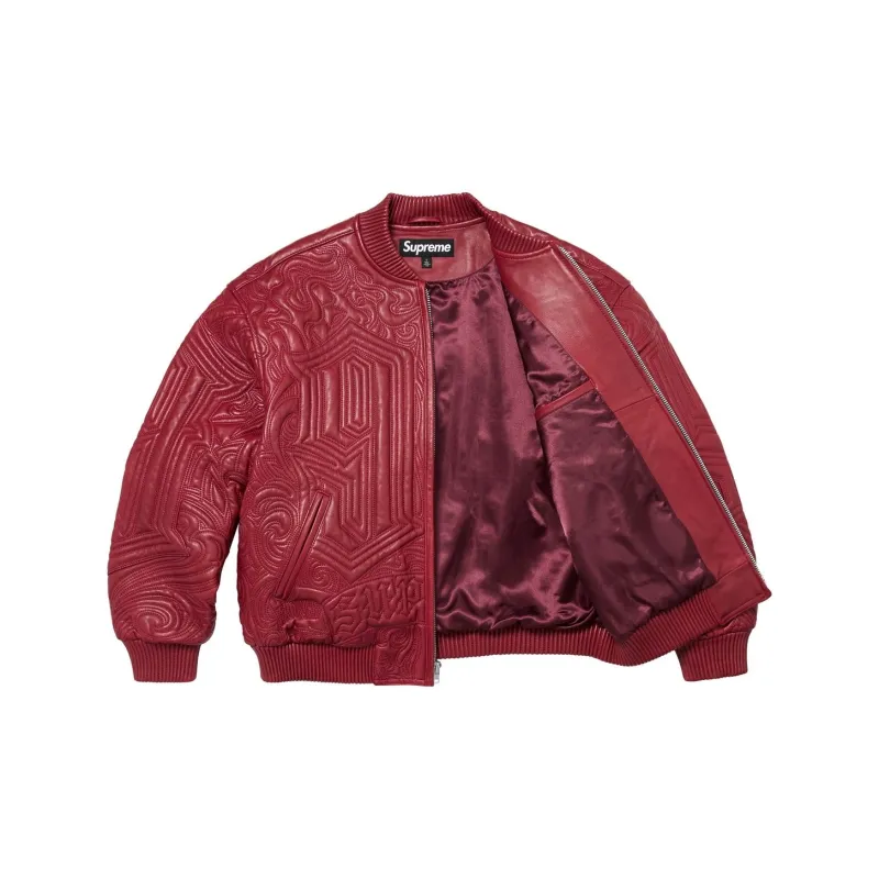 Supreme Mister Cartoon Embroidered Leather Jacket-2
