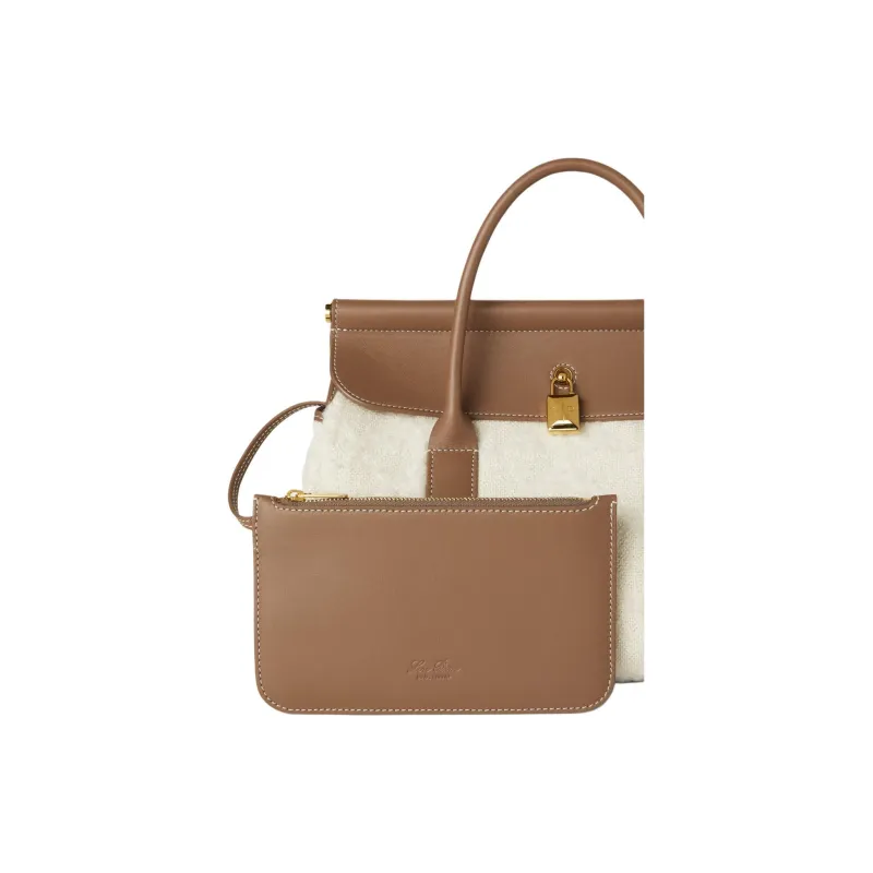 Loro Piana Cashmere With Cow Leather Crossbody One Shoulder Handbag Women's Nougat Color & Stone Color & Sun Gold-5