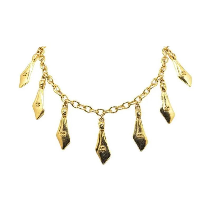 CHANEL 1970-1980 Plated Cc Tie Charm Costume Necklace-2