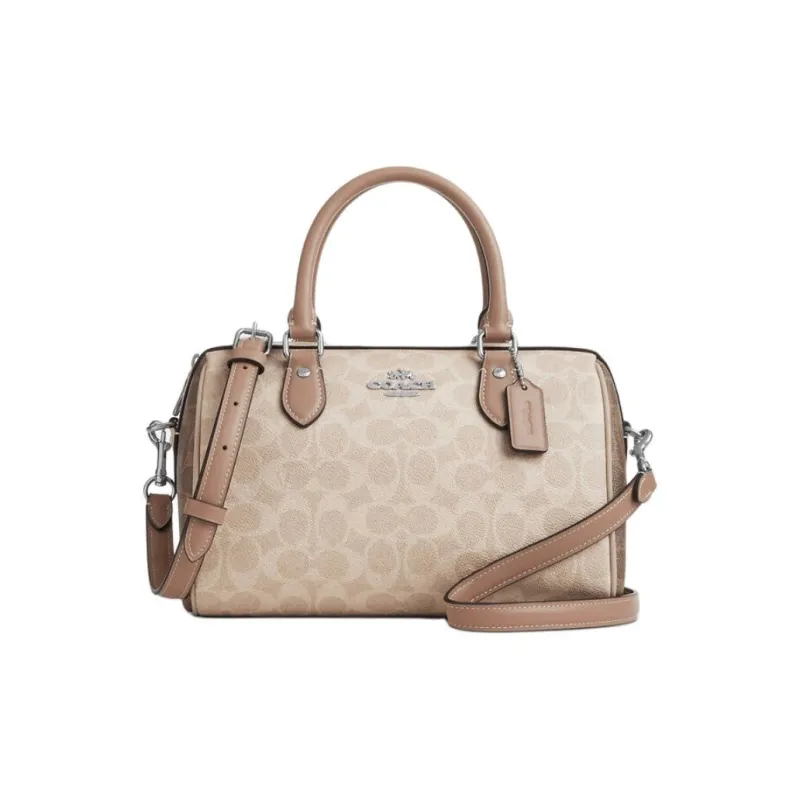 COACH Rowan Coated Canvas Boston Bag, Crossbody, One Shoulder, Handbag Medium Size Women's Sand & Taupe Multicolor-0