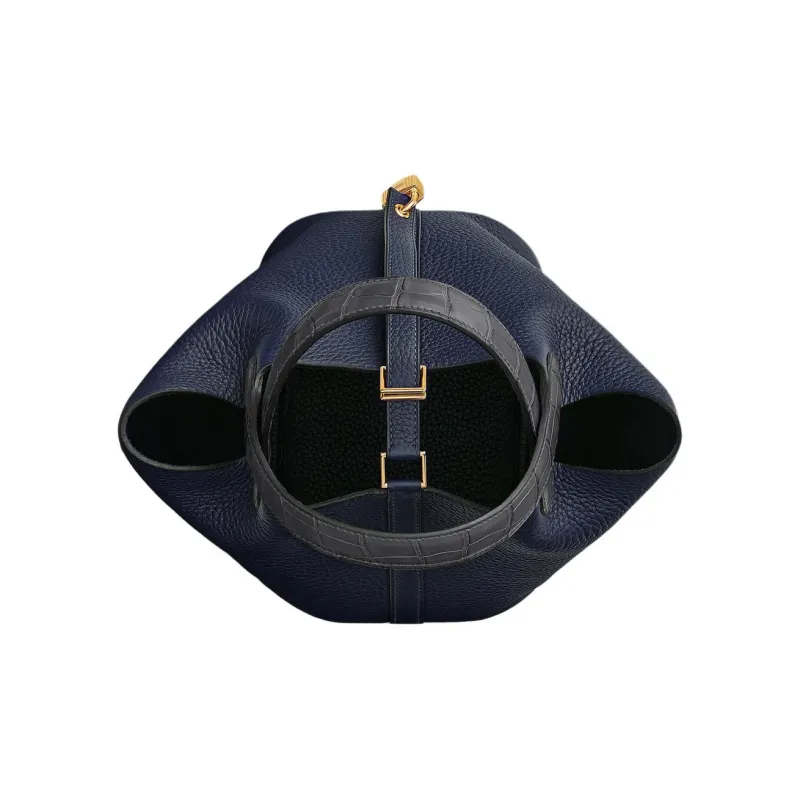 HERMES Picotin Lock Clemence Bullock Leather Matte Crocodile Leather Bucket Bags Handbags Women's Marine Blue-3