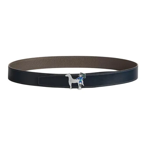 HERMES Calfskin Leather Belts Men's Bleu Marine / Gris Étain Width 3.2CM