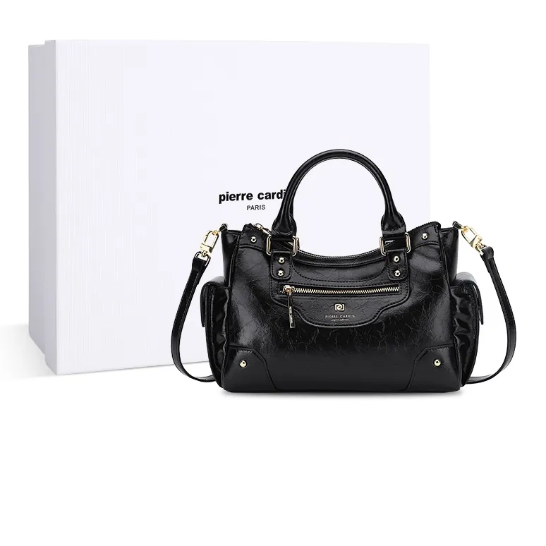 PIERRE CARDIN Oil Wax Cow Leather Shoulder Bag, Crossbody Bag, Handbag Medium Size Women's Black/Brown/Bitter Coffee-0