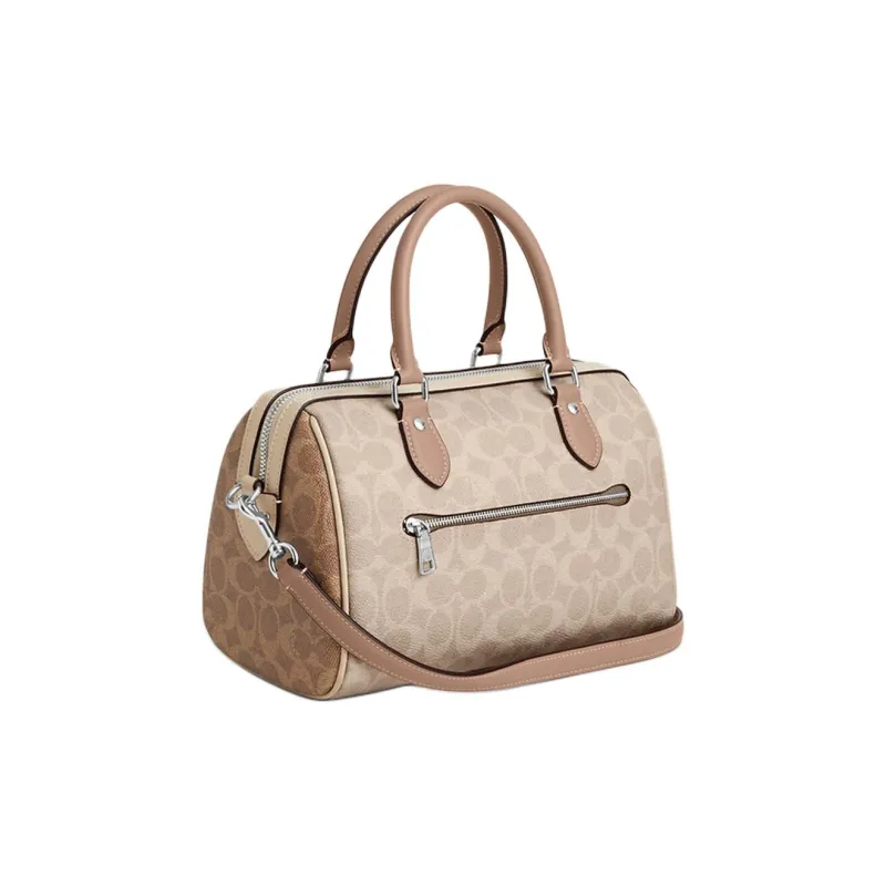 COACH Rowan Coated Canvas Boston Bag, Crossbody, One Shoulder, Handbag Medium Size Women's Sand & Taupe Multicolor-1