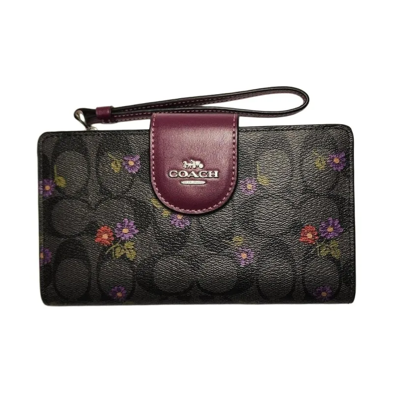 COACH Wallet Canvas With Leather Wrist Wallets Clutches Small Size Women's Graphite Deep Raspberry-1