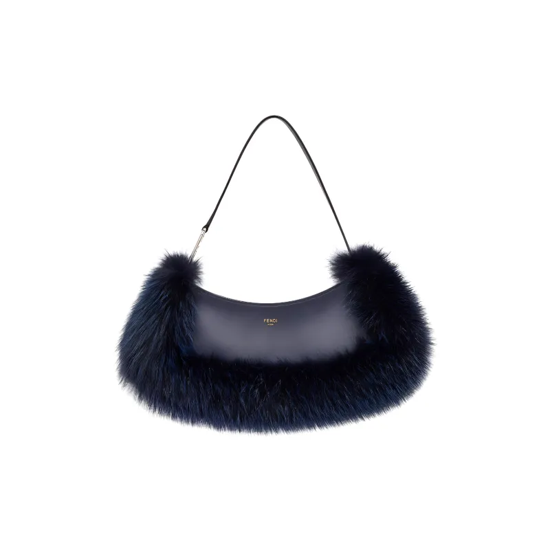 FENDI O'Lock Swing Fox Fur Calfskin Shoulder Bag, Handheld Shoulder Bag Women's Dark Blue-0