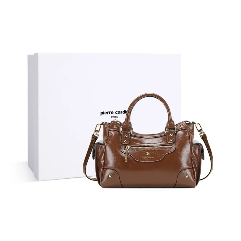 PIERRE CARDIN Oil Wax Cow Leather Shoulder Bag, Crossbody Bag, Handbag Medium Size Women's Black/Brown/Bitter Coffee-7