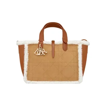 DIOR Suede With Lambskin Shearling Handbag Medium Size Women's Khaki Brown