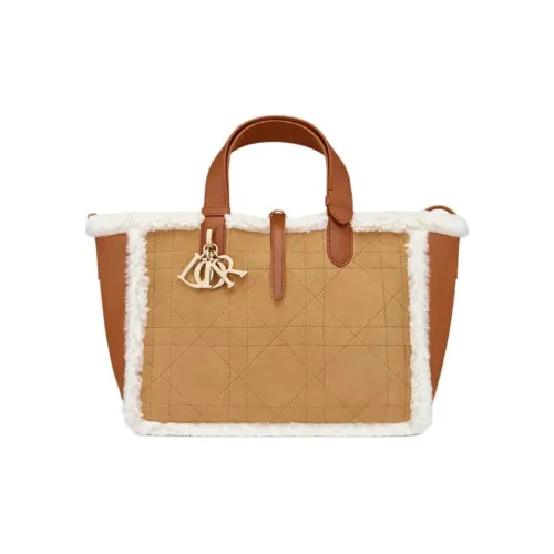 DIOR Suede With Lambskin Shearling Handbag Medium Size Women's Khaki Brown
