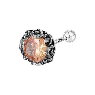 Muyan S999 Fine Silver Crown Round Zircon Stud Earring Men's-2