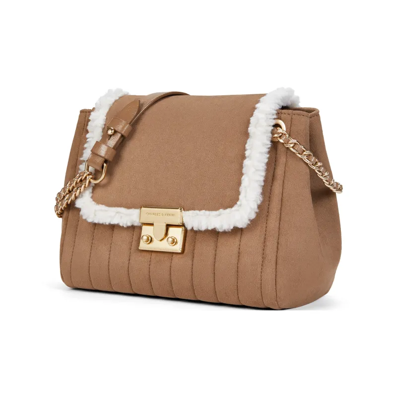 CHARLES&KEITH PU, Textile Mixture Shoulder Bag Medium Size Women's Tan Tea Brown-1