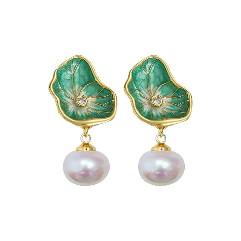 NATURALLYJOJO Faux Pearl Earrings Women's Gold/Green-0