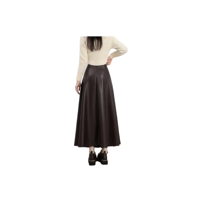 ZXZA Leather Long Skirts Women's Coffee-1