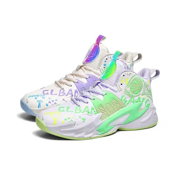 Black tailed Deer Cushioned Slip Resistant Abrasion Resistant Mid Top Basketball Shoes Unisex Green Purple Mismatched