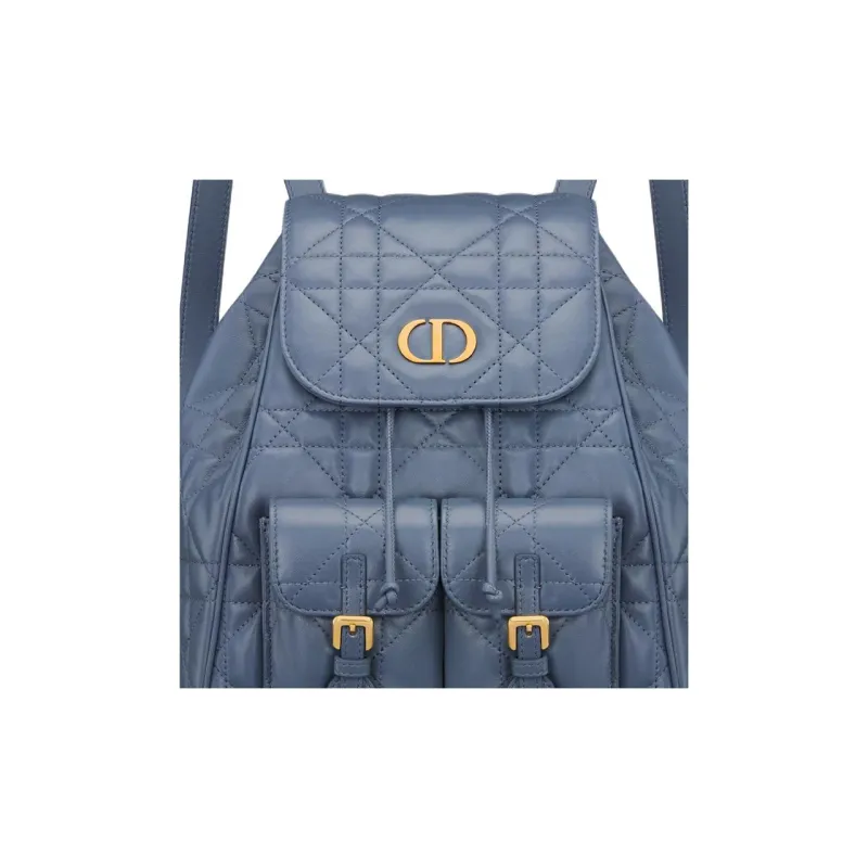DIOR Caro Sheepskin Backpack Medium Size Women's Black Denim Blue-3