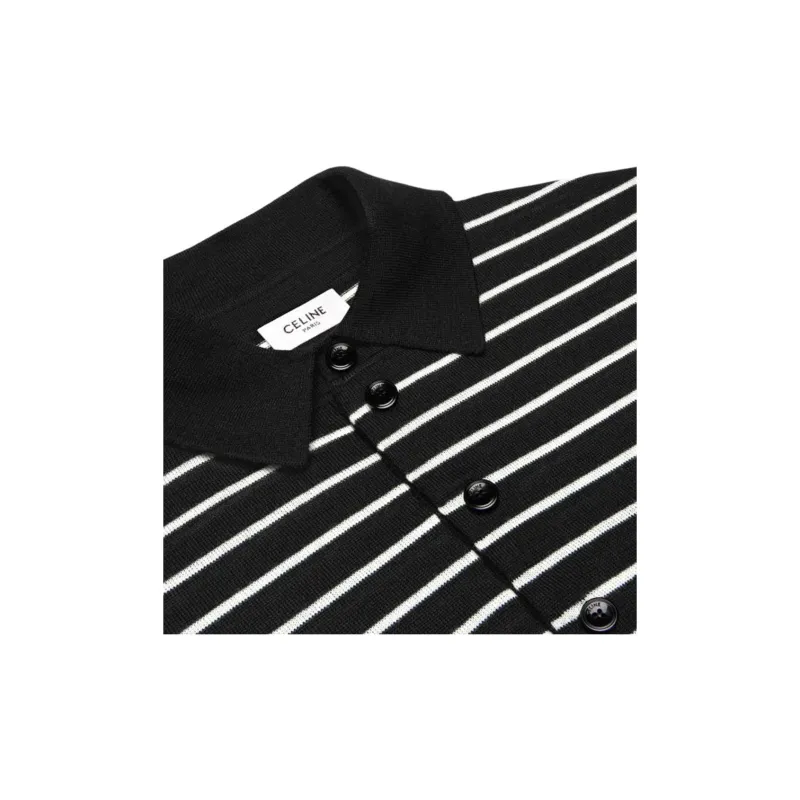 CELINE Striped Triomphe Polo In Fine Wool Polo Shirt Men's Black-4