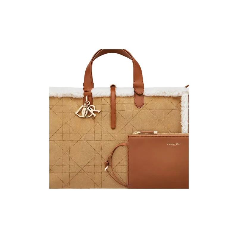 DIOR Suede With Lambskin Shearling Handbag Large Size Women's Khaki Brown-2