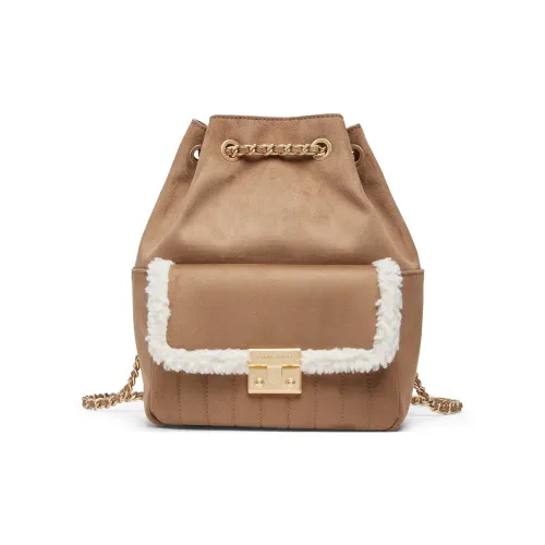 CHARLES&KEITH PU, Textile Mixture Backpack Medium Size Women's Tan Tea Brown