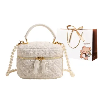 ERANGBEAR Cotton Linen Blend Portable Trendy Fashion Pearl Chain Crossbody Bag Women's Ecru/Pink/Black/Light Blue