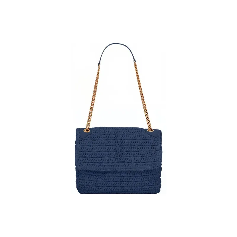 SAINT LAURENT Niki Raffia Patchwork Cow Leather Hobo Bag Shoulder Bag Crossbody Bag Medium Size Women's Lake Blue-0