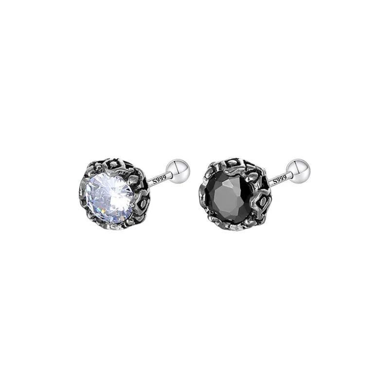 Muyan S999 Fine Silver Crown Round Zircon Stud Earring Men's-10