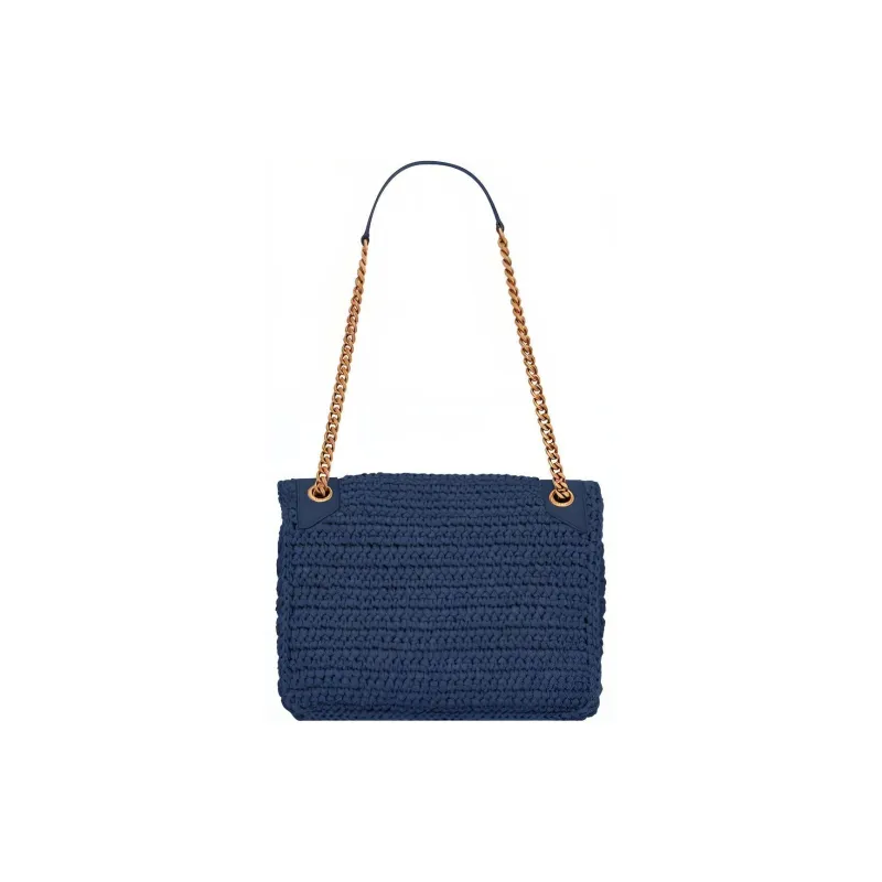 SAINT LAURENT Niki Raffia Patchwork Cow Leather Hobo Bag Shoulder Bag Crossbody Bag Medium Size Women's Lake Blue-2