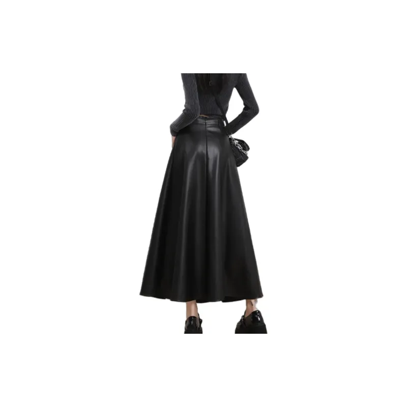 ZXZA Leather Long Skirts Women's Black-1