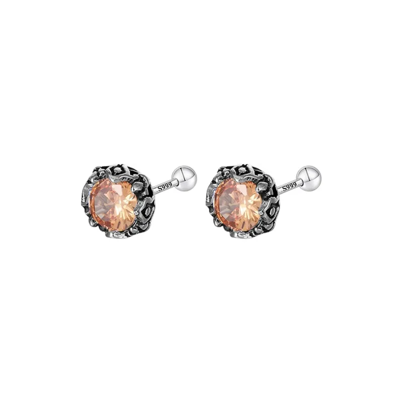 Muyan S999 Fine Silver Crown Round Zircon Stud Earring Men's-8