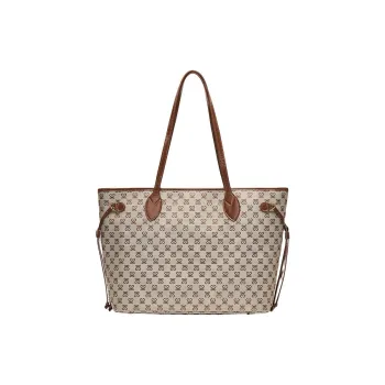 Staccato Fabric With Cow Leather Tote Bag, Shoulder Bag Tubas Women's Vintage Coffee