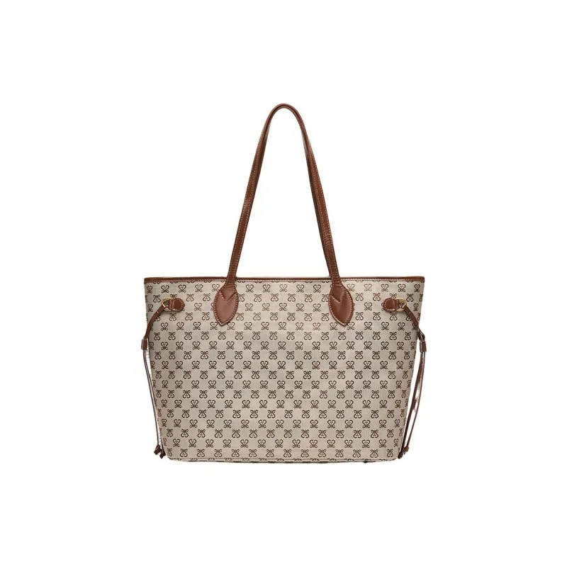 Staccato Fabric With Cow Leather Tote Bag, Shoulder Bag Tubas Women's Vintage Coffee-0