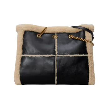 GUCCI GG Marmont Leather With Merino Wool Trim Shoulder Bag Crossbody Bag Handbag Large Size Women's Black