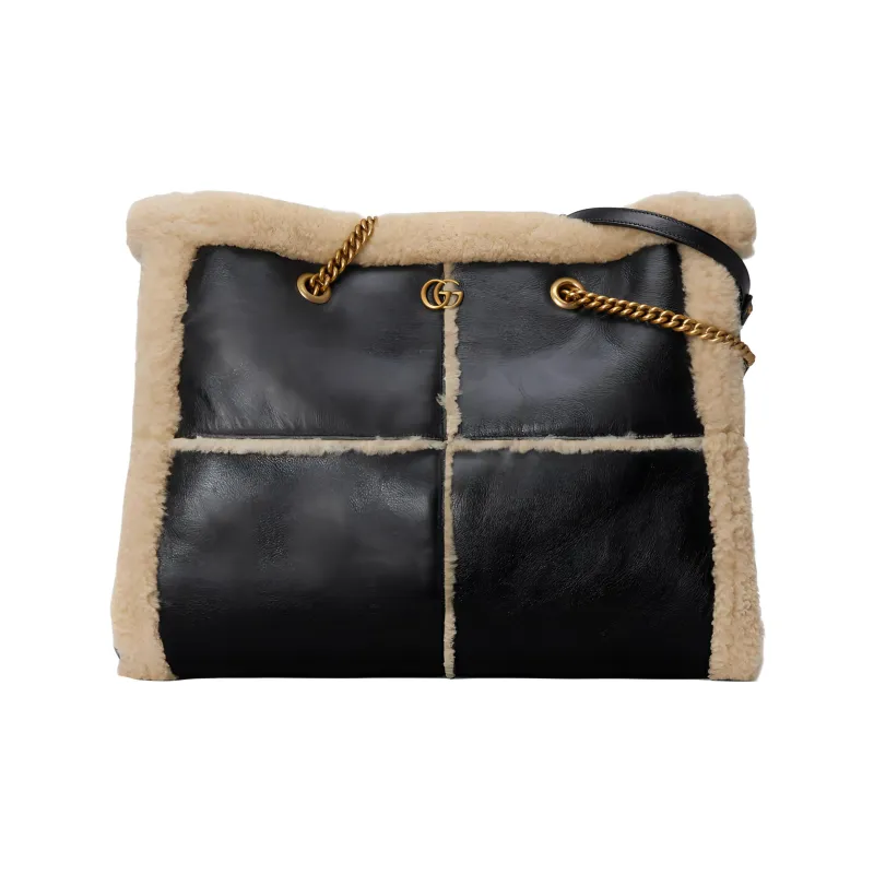 GUCCI GG Marmont Leather With Merino Wool Trim Shoulder Bag Crossbody Bag Handbag Large Size Women's Black-0
