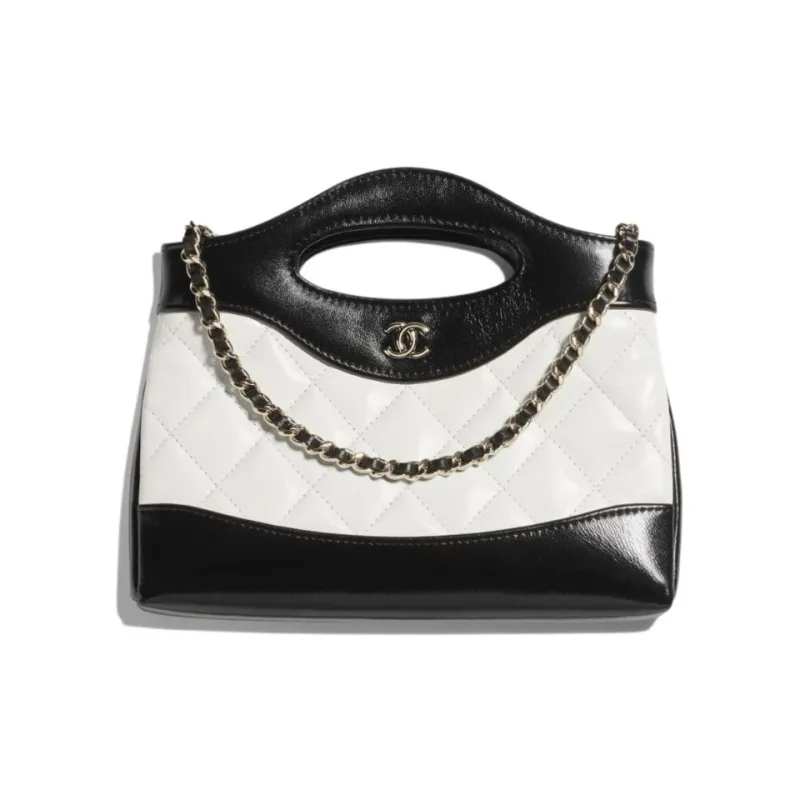 CHANEL Lambskin Handbag, Shoulder Bag, Crossbody Bag Women's White & Black-0