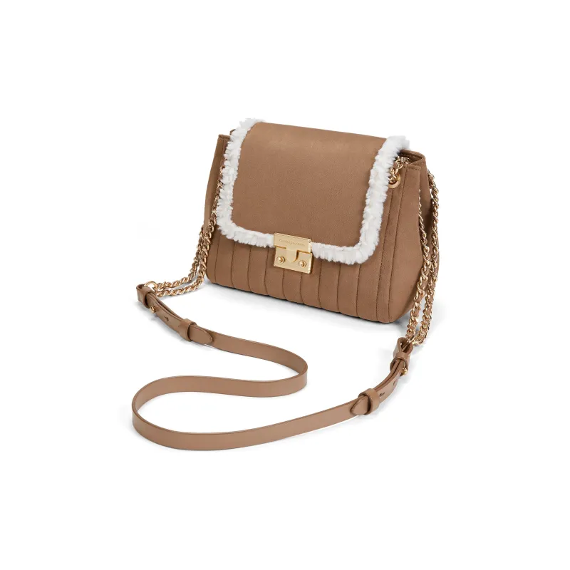 CHARLES&KEITH PU, Textile Mixture Shoulder Bag Medium Size Women's Tan Tea Brown-2