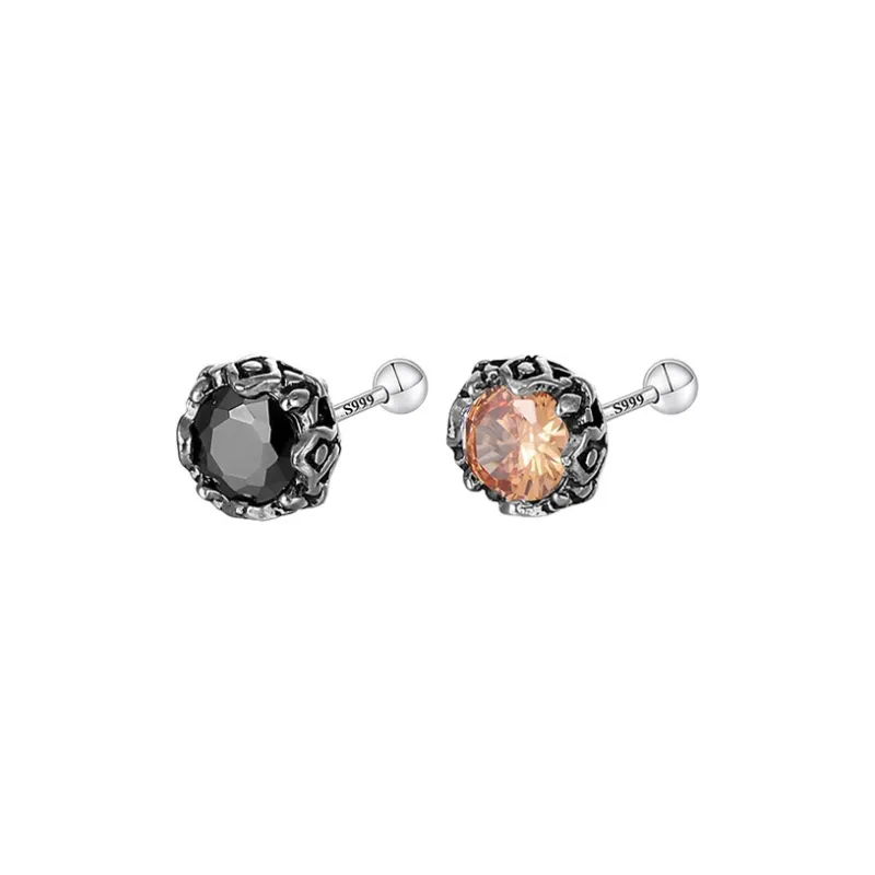 Muyan S999 Fine Silver Crown Round Zircon Stud Earring Men's-13