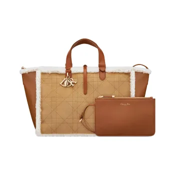 DIOR Suede With Lambskin Shearling Handbag Large Size Women's Khaki Brown