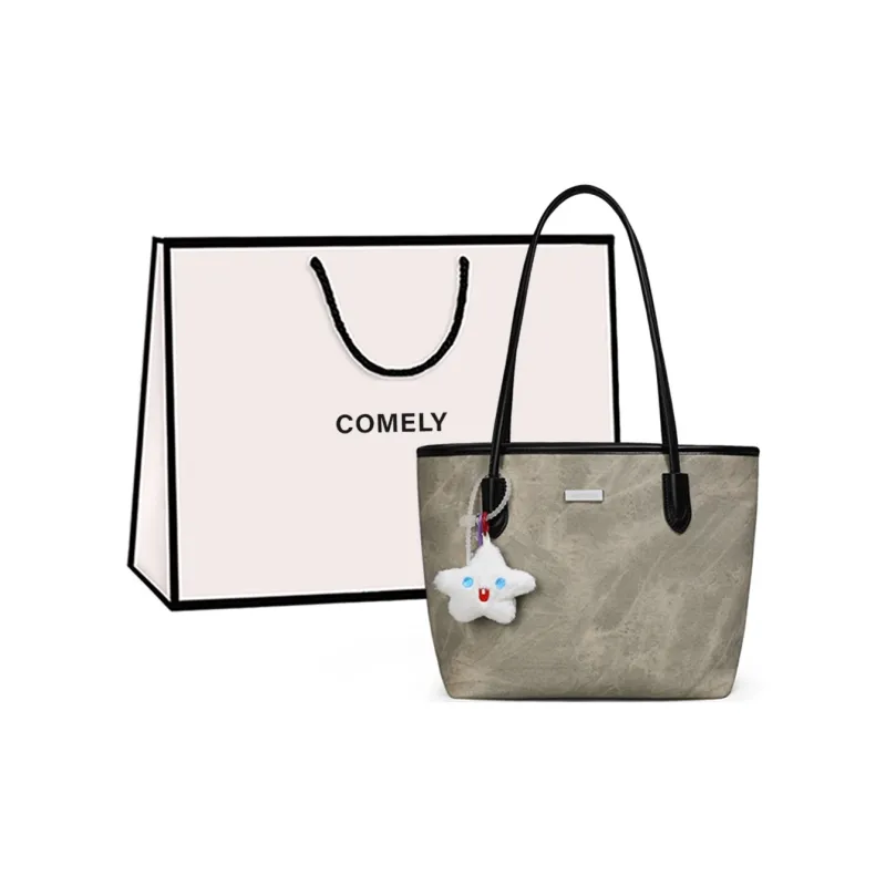 COMELY Synthetic Leather Tote Bag, Shopping Bag, Shoulder Bag Medium Size Women's Beige-0