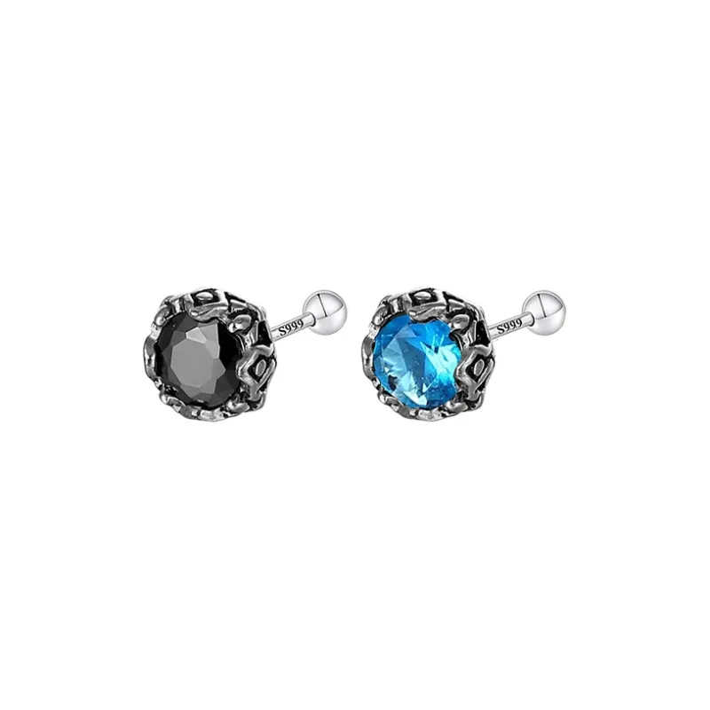Muyan S999 Fine Silver Crown Round Zircon Stud Earring Men's-14