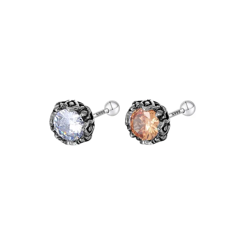 Muyan S999 Fine Silver Crown Round Zircon Stud Earring Men's-11