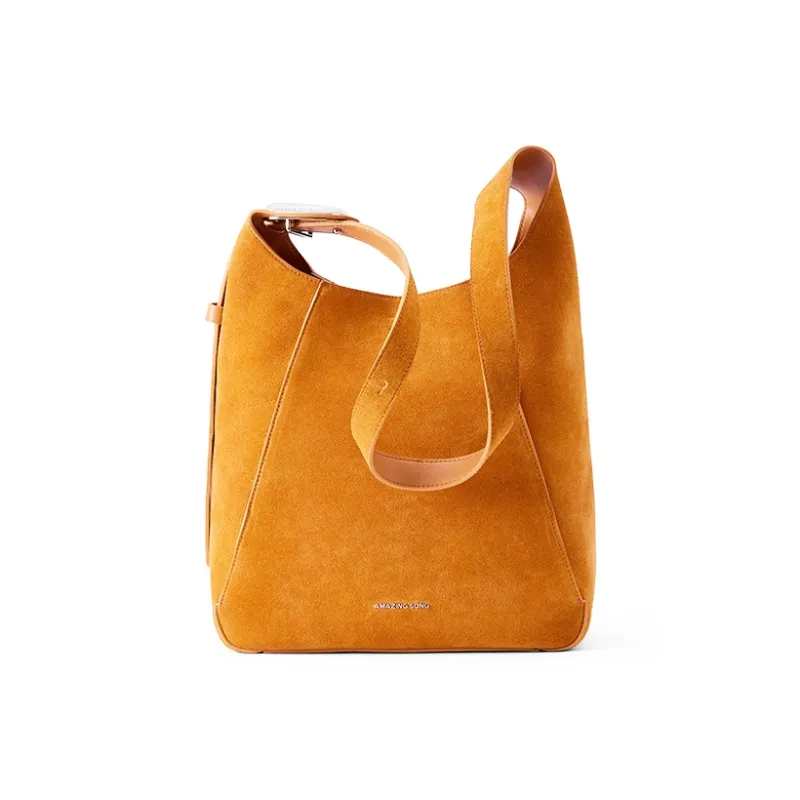 AMAZING SONG Nubuck Shoulder Bag Large Size Women's Sunset Orange/Milk Tea Brown-4