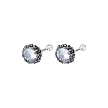 Muyan S999 Fine Silver Crown Round Zircon Stud Earring Men's