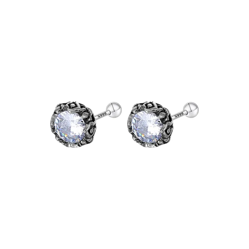 Muyan S999 Fine Silver Crown Round Zircon Stud Earring Men's-4